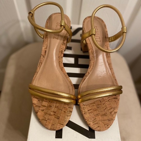 SCHUTZ Gimenez Mid Cork Heel Sandal Gold Size 7 New In Box - Picture 3 of 7